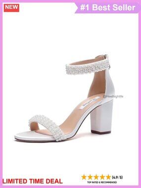 Block Heel Pearl Wedding Sandals Open Toe Satin Bridal Shoes